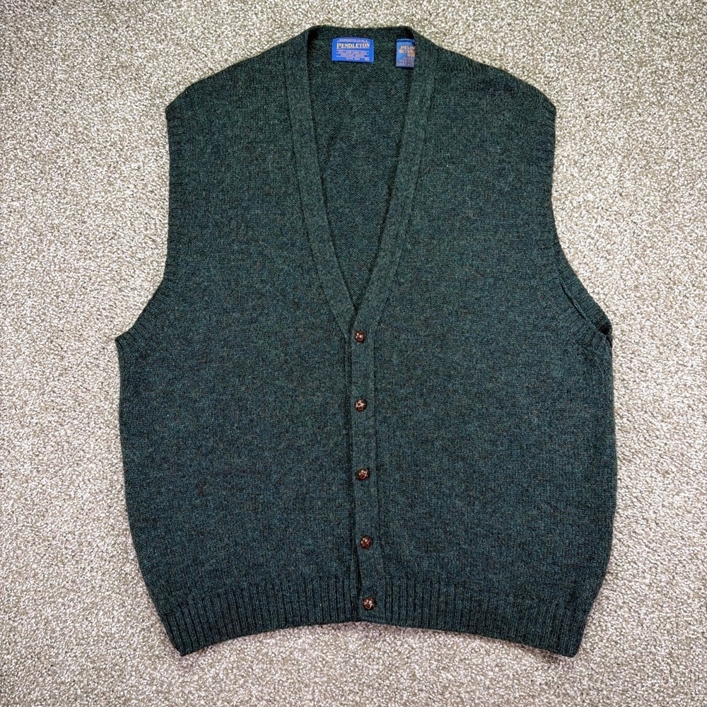 Vintage Pendleton Men's Cardigan Vest Green Shetland Wool Size XL Excellent